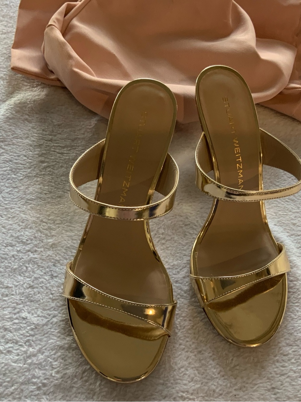 Stuart Weitzman Metallic Gold Double-Strap Slide Heels size 7B. SKU 3102